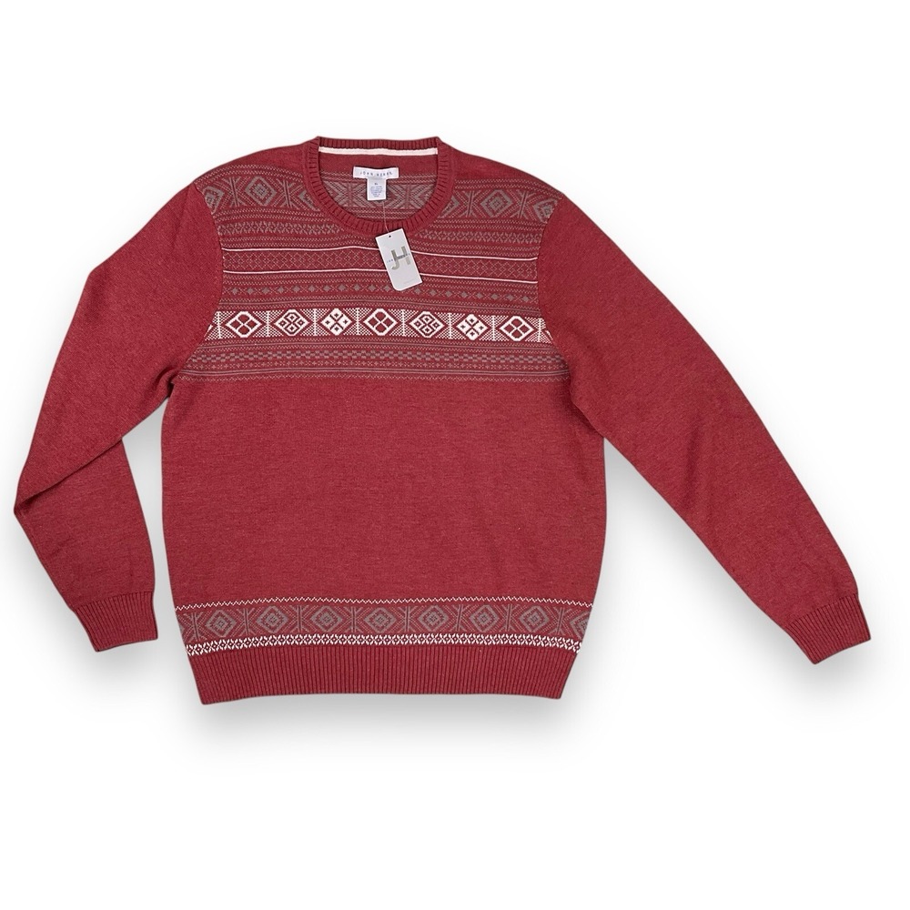 John Henry Sweater Men XL Red Long Sleeve Crew Fair Isle NWT‎